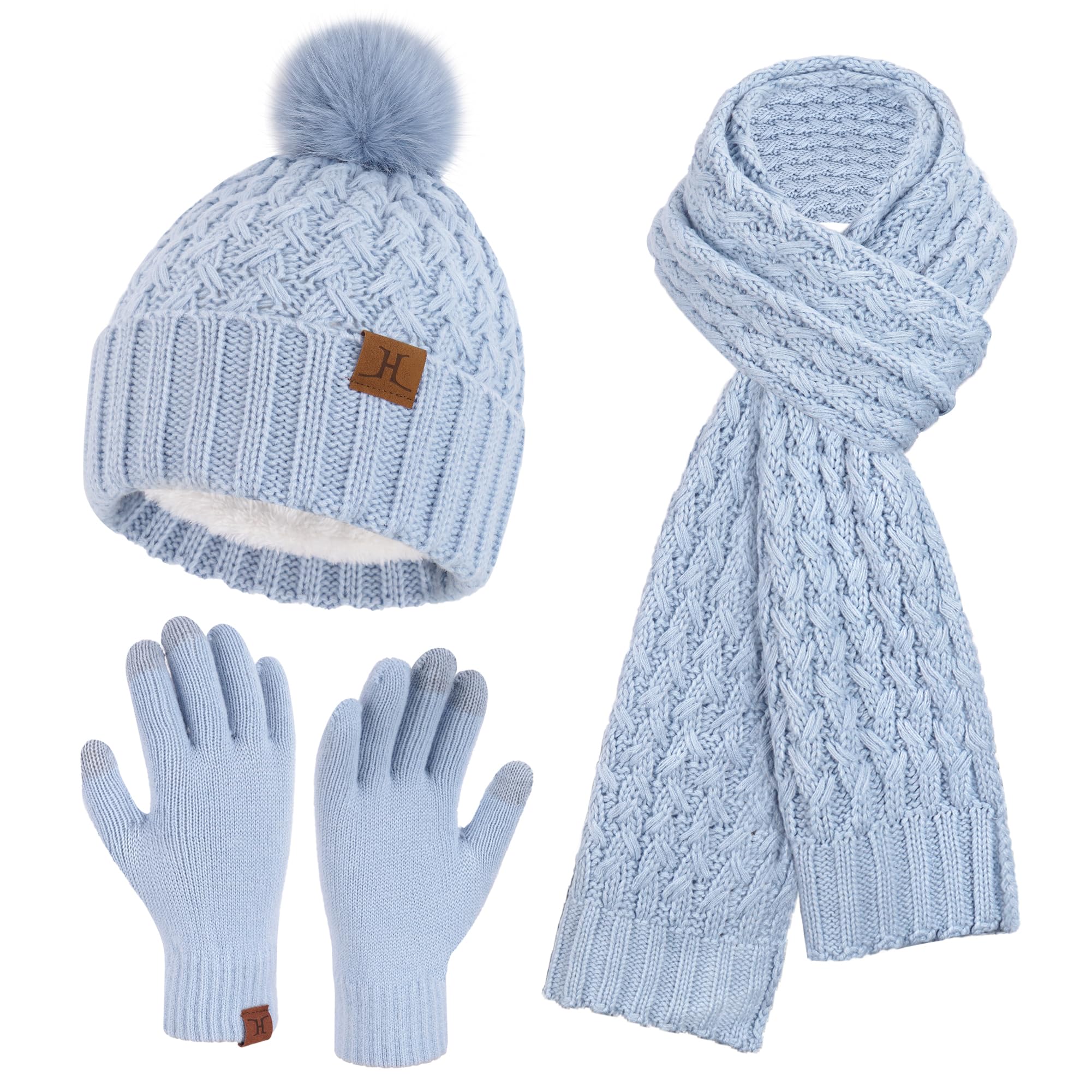 Womens Winter Beanie Hat Touchscreen Gloves Long Neck Scarf Set Warm Knit Caps with Pom Fleece Gifts for Women
